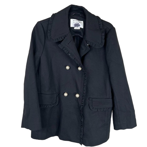 Kate Spade Broome Street Womens Coat Jacket Sz 4 Black Ruffle Pearl Button Ponte - Picture 1 of 12